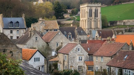 Charming Village with Historic Church Towers Over Cozy Roofs and Green Hills