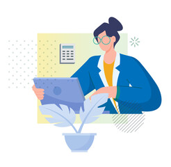 Work from Home - Young Woman with Laptop - Illustration