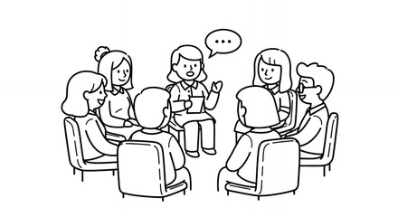 Minimalist Group Therapy Session Illustration with People in a Circle Having Conversation with Line Art in Black and White for Mental Health Support, Medical Design with Hand Drawn Style
