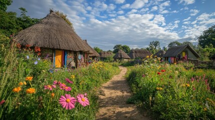 Charming countryside with colorful flowers and traditional thatched houses in a sunny landscape