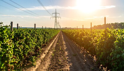 Rows of raspberry bushes under power lines at sunset