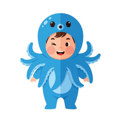 A smiling child dressed in a blue octopus costume winks, showcasing a playful and imaginative character.