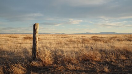 Solitary Fence Post in a Dry Grassland at Sunset