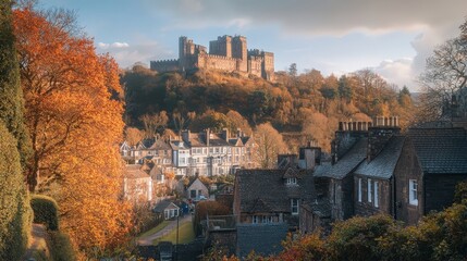 A Beautiful Autumn View of a Castle Overlooking a Scenic Village with Colorful Leaves