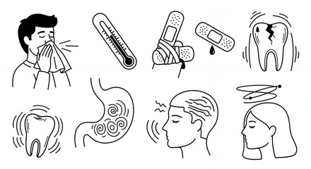 Minimalist Monochrome Line Art Depicting Medical Symptoms Including Sneezing Headache Dizziness and Toothache with Medical Hand Drawn Sketch Line Art Style Illustration Clean Design Vector