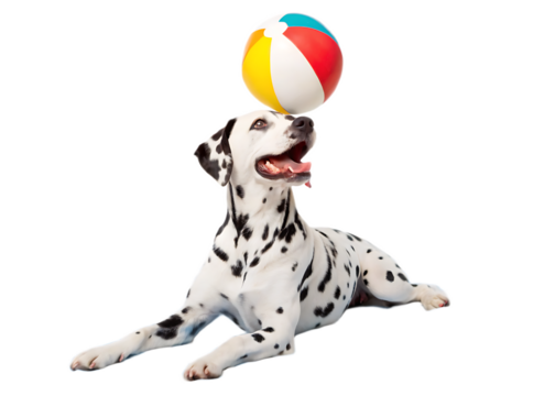 Dalmatian laying down balancing a colorful beach ball on its head with a black background