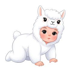 A cute baby dressed in a fluffy white alpaca costume crawling on a white background.