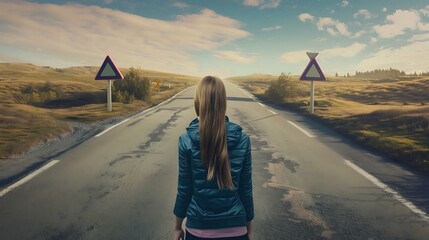 young woman walking on the road