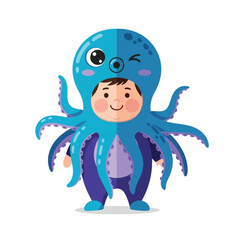 Cartoon child in an octopus costume, smiling and standing, against a white background.