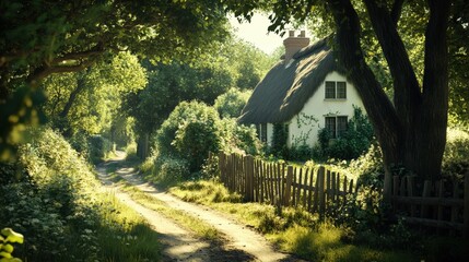 A peaceful country path leading to a charming cottage surrounded by lush greenery and sunlight.
