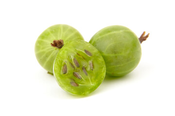 Fresh green gooseberries, whole and sliced, showcasing vibrant color and texture, arranged artistically on a white background, highlighting natural freshness and healthy eating concept