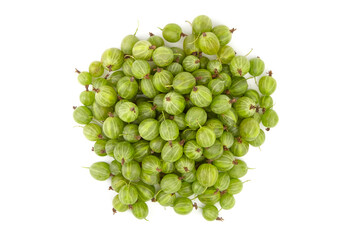 Fresh green gooseberries arranged in a circular pile on a clean white background, showcasing their vibrant color and unique texture, perfect for culinary or health-related projects