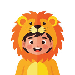 A young child dressed in a lion costume smiles cheerfully at the viewer. The costume is orange and yellow.