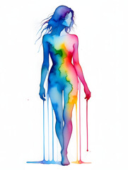 This watercolor painting depicts a stylized figure of a woman rendered in vibrant rainbow hues.