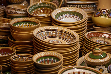 Colorful ceramic bowls and plates stacked together in a vibrant display, showcasing intricate patterns and textures, highlighting craftsmanship and artistic design elements