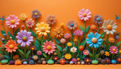 A vibrant garden of colorful stylized clay flowers against a bright orange background.