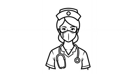Obraz premium Monochrome Illustration of a Nurse Wearing Mask and Stethoscope Medical Professional in Hand Drawn Sketch Style Line Art with Clean Design Perfect for Health and Medical Use