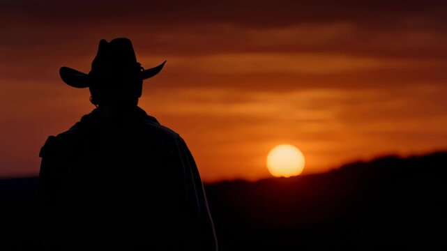 Silhouette of cowboy watching orange sunset in the west.