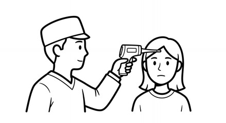 Monochrome Illustration of Medical Check Up with Contactless Thermometer, Hand Drawn Style, Featuring a Man Measuring a Woman's Temperature on Her Forehead, Minimalistic Design for Healthcare Themes