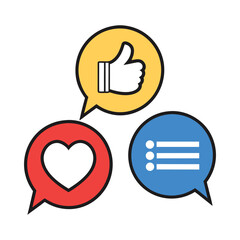 Three colorful speech bubbles representing social media engagement with a thumbs up like symbol a heart icon and a comment list icon
