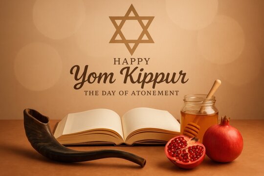 Yom Kippur celebration setup with shofar, open book, honey jar, pomegranates, and Star of David on warm background symbolizing Jewish Day of Atonement traditions and reflection
