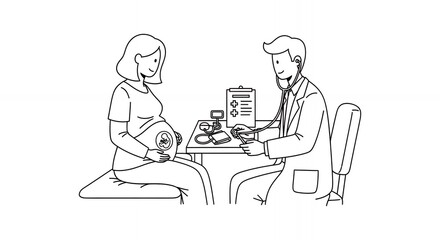 Monochrome Illustration of Pregnant Woman Consulting with Doctor at Table in Clean Medical Hand Drawn Line Art Isolated on White Background a Simple Minimal Design Style