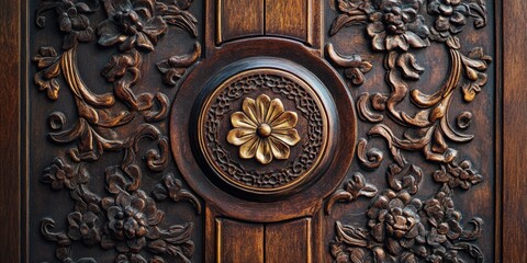 Antique wooden door with elaborate metal ornamentation, featuring a lion's head and intricate geometric patterns indicative of medieval craftsmanship.