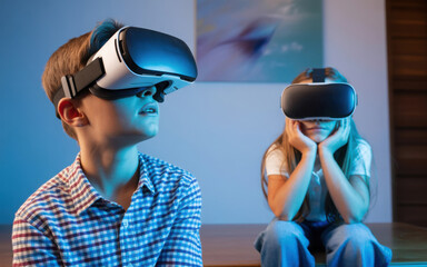 Curious children exploring virtual reality with blue light, playful mood in home