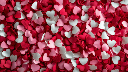Colorful heart shaped confetti in various shades of red, pink, and white creates vibrant and festive atmosphere, perfect for celebrations and romantic occasions