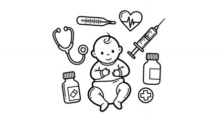 Monochrome Line Art Drawing of Baby Surrounded by Medical Symbols Stethoscope Thermometer Syringe and Medicine Bottles for Healthcare and Pediatrics in Clean Minimal Style medical hand drawn sketch