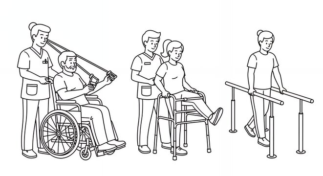Monochrome Line Art Depicts Physical Therapy Exercises with Patients Using Resistance Bands in Wheelchairs and Parallel Bars Assisted by Therapists medical hand drawn sketch line art outline doodle