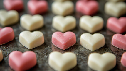 Delightful heart shaped candies arranged in beautiful pattern, showcasing mix of pink and white colors. These sweet treats evoke feelings of love and joy, perfect for celebrations
