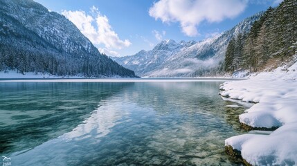 A tranquil winter view of a frozen alpine lake nestled among snowy mountains, with reflections glistening on the water's surface.