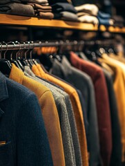 Rows of colorful woolen coats in a well-lit clothing store, with a wide selection of men's fashion from trendy styles to formal wear. Includes blazers, suit coats, neckties, and dress shirts.