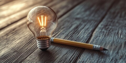 An illuminated light bulb next to a pencil on wooden table, symbolizing education and ideas.
