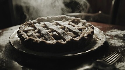Delicious baked apple pie with pastry crust on white plate with steam rising from it