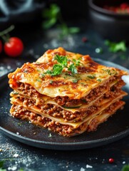 Tasty layered pasta dish with tomato sauce and meat
