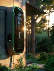 Charge your electric car at home with this modern charging station. The sleek design allows for easy access and integration into the exterior of your home.