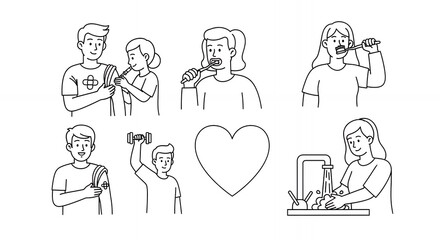 Fototapeta premium Monochrome Line Art Illustration of Family Activities Washing Hands and Hugging with Heart Icon Isolated on White Background Medical Sketch Style Clean Design Vector Illustration