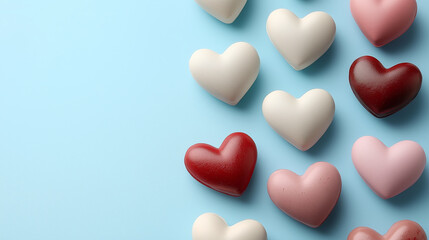 Colorful heart shaped candies arranged on light blue background create cheerful and romantic atmosphere. These sweet treats are perfect for celebrations and special occasions