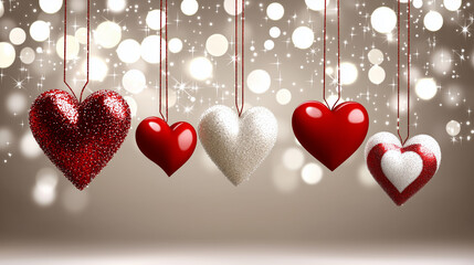 Beautiful hearts in various designs hang against sparkling background, creating festive and romantic atmosphere. mix of red and white colors adds charm and warmth to scene