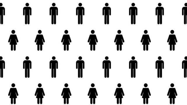 Seamless loop pattern of Men and Women icons on a white background. Infographic and pictogram background. Stylish pictogram, 4K motion graphics. Concept of gender, stats and population