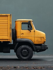 Yellow dump truck with open back, parked in an industrial setting against a grey sky background.