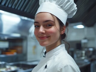 Smiling chef in professional kitchen attire, suggesting culinary expertise and job satisfaction.