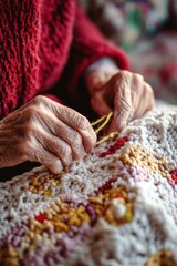 An elderly woman working on a colorful handmade quilt with needles, showcasing her knitting and embroidery skills.