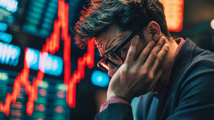 Businessman with worried expression is shown, reflecting concern amidst fluctuating stock market data displayed on screens. atmosphere conveys tension and uncertainty in financial trading