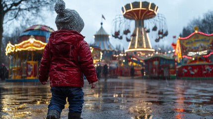 Child in red jacket stands alone in rainy amusement park, gazing at colorful rides and festive lights. scene evokes sense of wonder and solitude amidst vibrant atmosphere