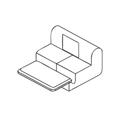 Isometric illustration of a couch with a laptop on it in a cozy home environment - vector graphic