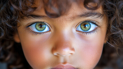 Close up of child face showcasing striking green eyes and curly hair, radiating innocence and curiosity. soft skin tone enhances captivating gaze