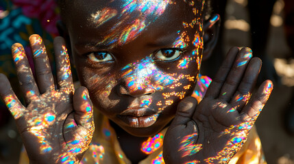 Close up of child face illuminated by colorful light patterns, showcasing sense of wonder and curiosity. child hands are raised, creating captivating visual effect